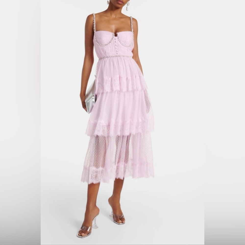 Self-Portrait Pink Dot Mesh Tier Midi Dress Rhinestone Embellished Formal US 8